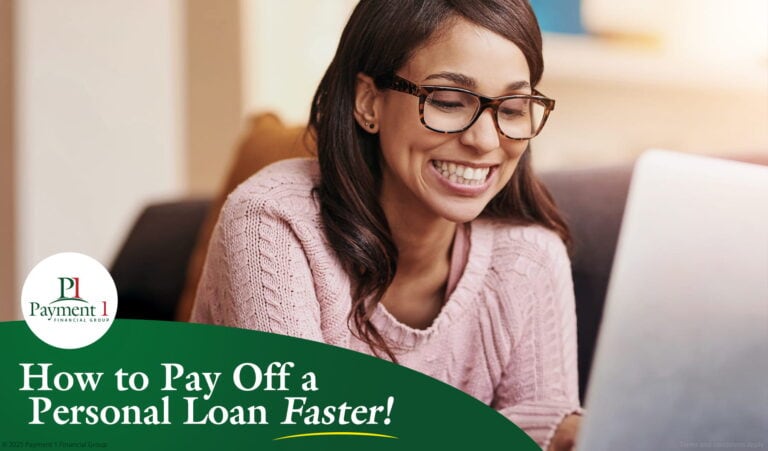smiling woman types on a computer to balance her budget and pay off her loan