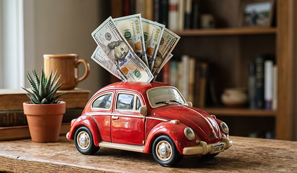 red toy car stuffed with $100 bills