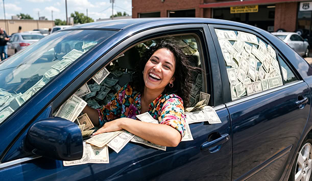 woman driving with a car that has filled with money