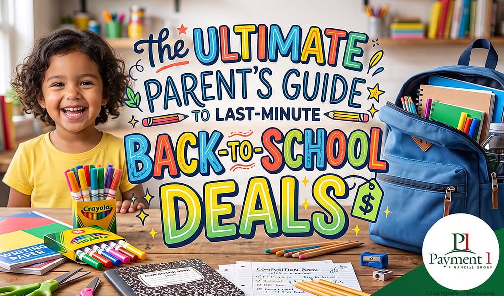 Guía de ofertas de regreso a clases con útiles escolares y un niño sonriente.